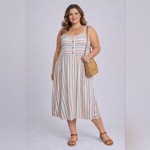 Ava James White Multi-Color Striped Linen Blend Dress Size 3X